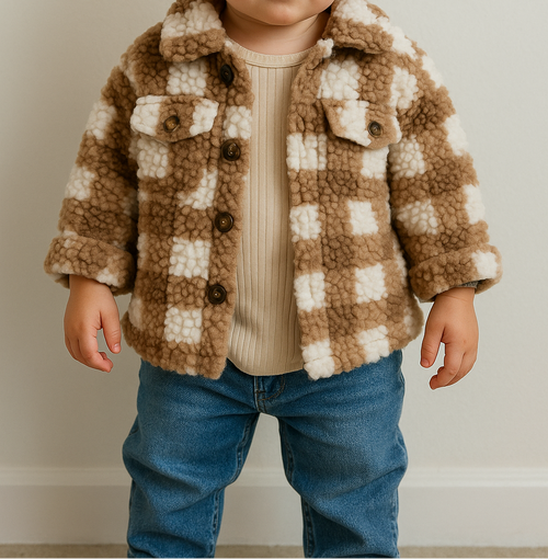 Brown Check fleece Button Jacket
