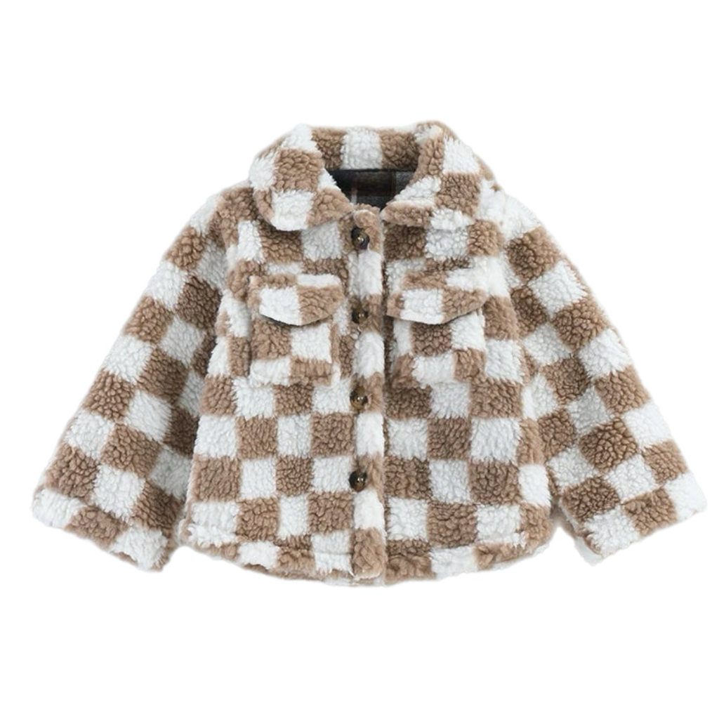 Brown Check fleece Button Jacket