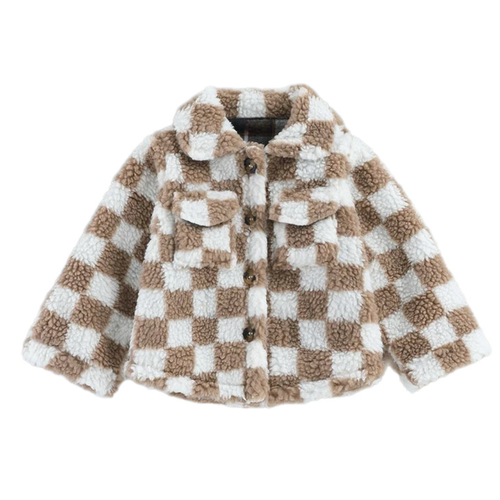 Brown Check fleece Button Jacket