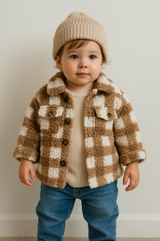 Brown Check fleece Button Jacket